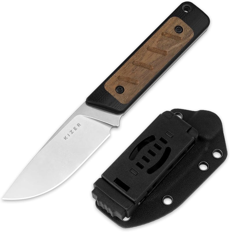 KIZER Smolt Fixed Blade Knife, 2.93" AEB-L Fixed Blade with Black & Brown G10 Mkuruti Wood Handle, Drop Point EDC Knives with Sheath for Camping Hiking 1063M1 - Image 1